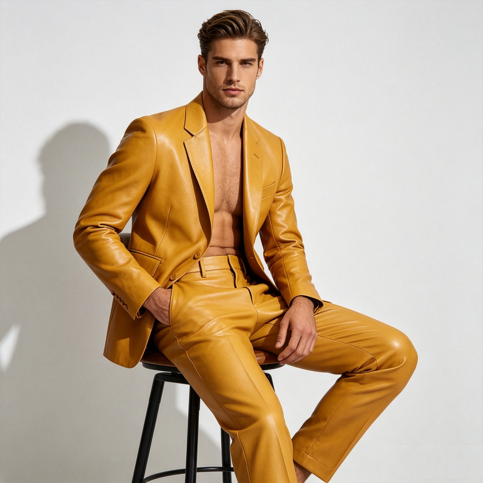 Yellow PU Leather Men Suit Set - Formal Wear For Men Yellow reseña y precio