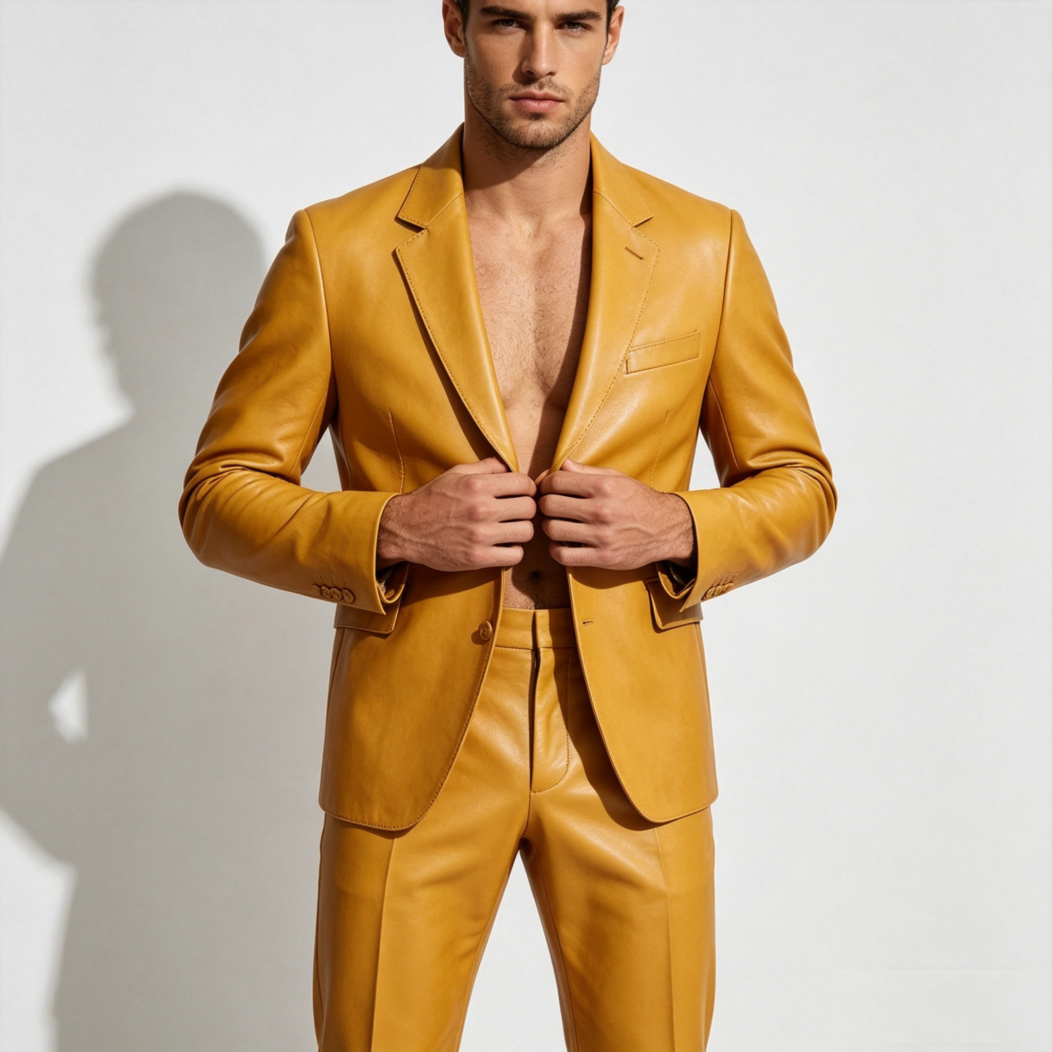 Yellow PU Leather Men Suit Set - Formal Wear For Men Yellow reseña y precio